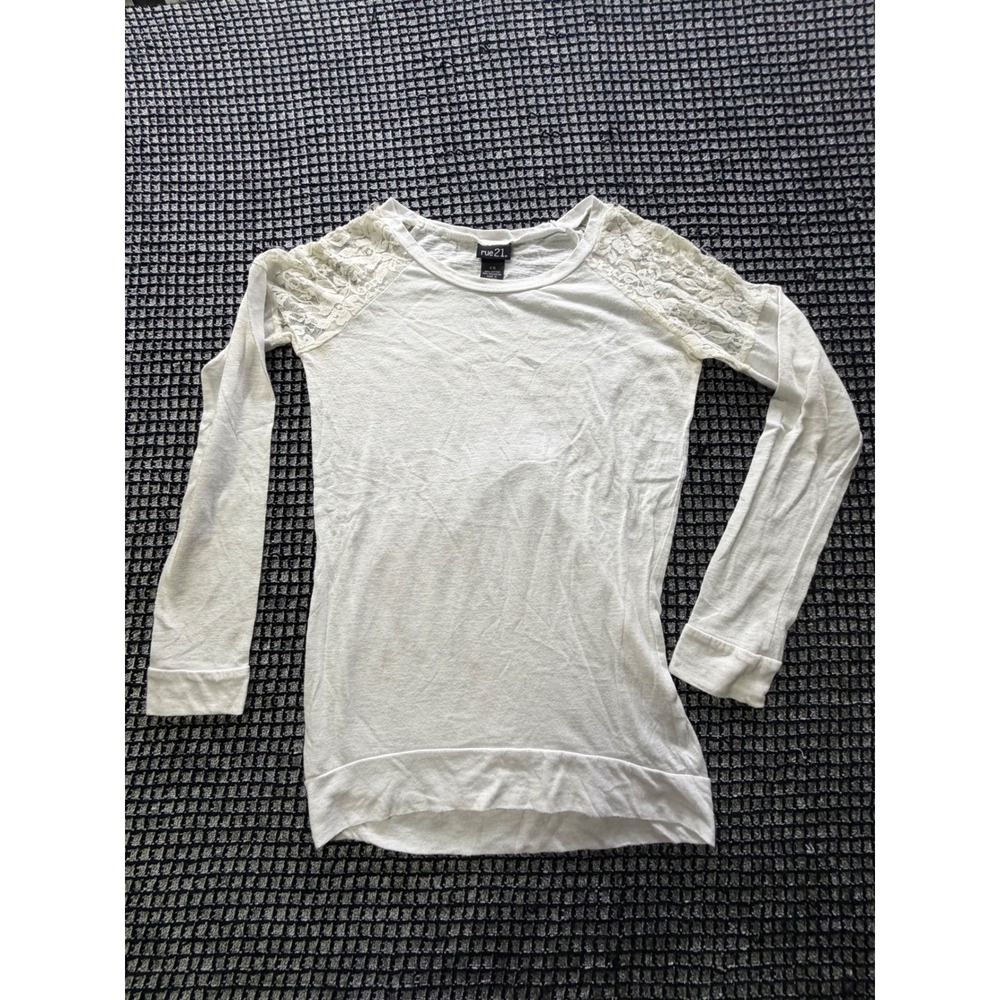 rue21 Lace Shoulder Top Womens XS White Long Sleeve Slub Knit Shirt
